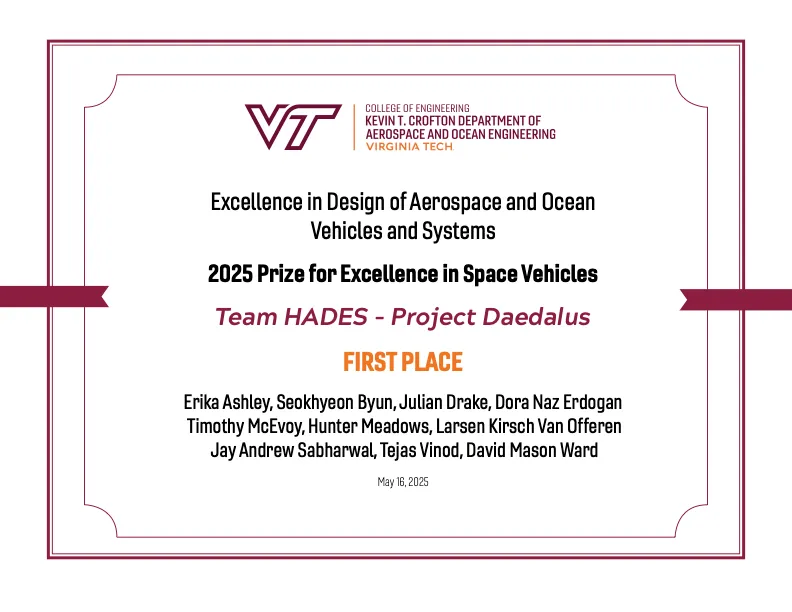 Certificate of Excellence in Space Vehicles — Team HADES: Project Daedalus (First Place)