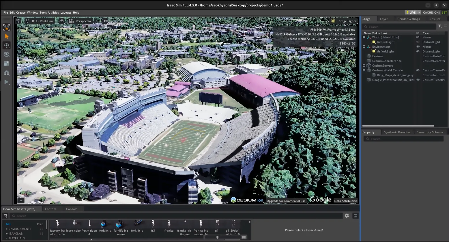 Isaac Sim integrated with Cesium Google 3D Photorealisitic